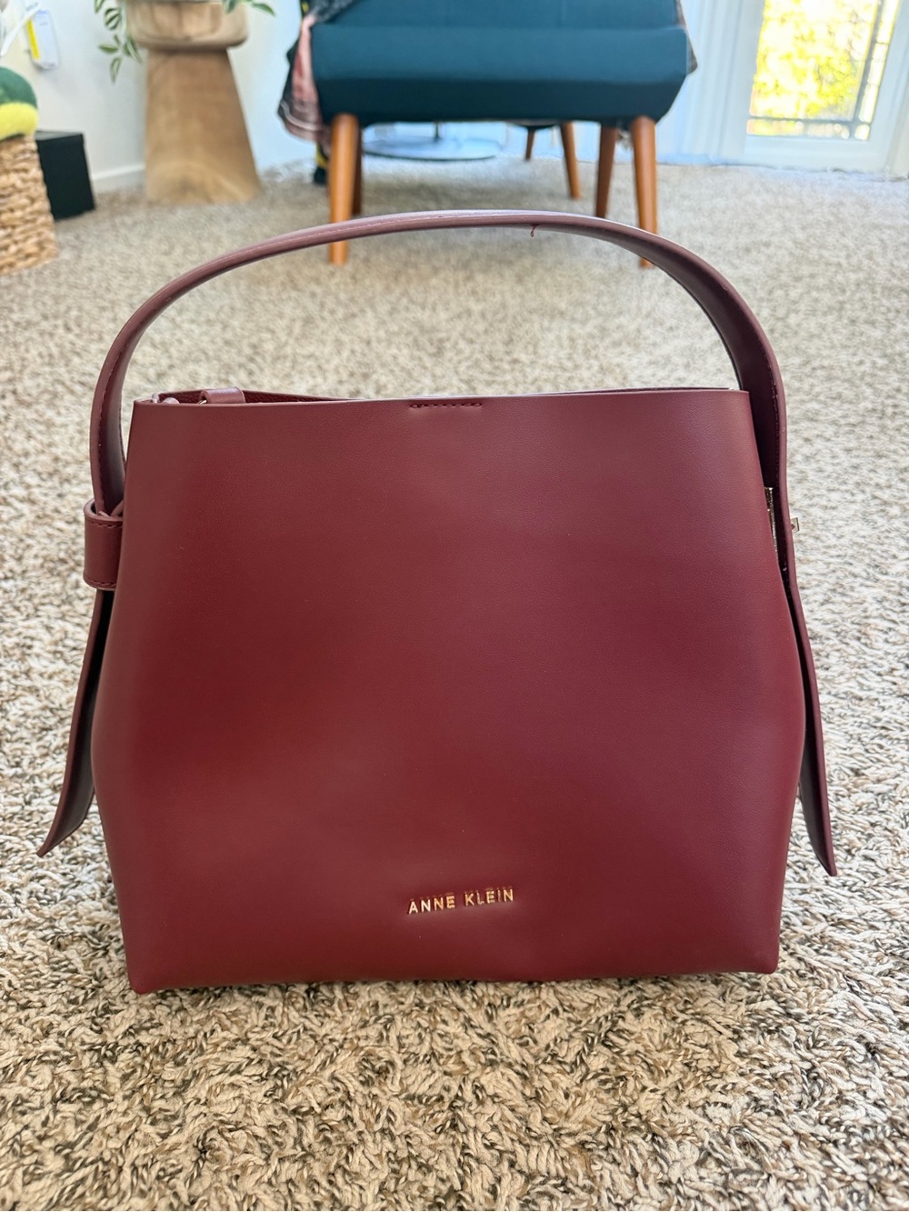 Anne Klein Maroon Leather Shoulder Bag with Gold Logo